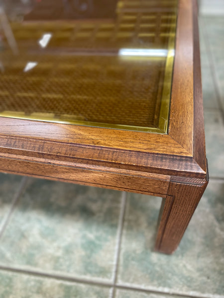 Vintage Caned Top Coffee Table with Inlaid Glass & Gold Trim Available for Custom Lacquer!