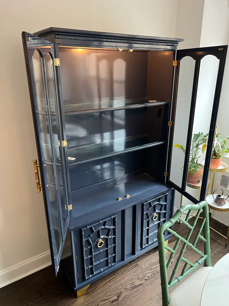Vintage Faux Bamboo China Cabinet with Fretwork Detailing Available for Custom Lacquer! - Hibiscus House