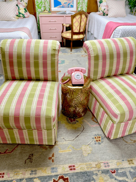 Vintage Pair of Pink and Green Plaid Slipper Chairs Ready to Ship - Hibiscus House