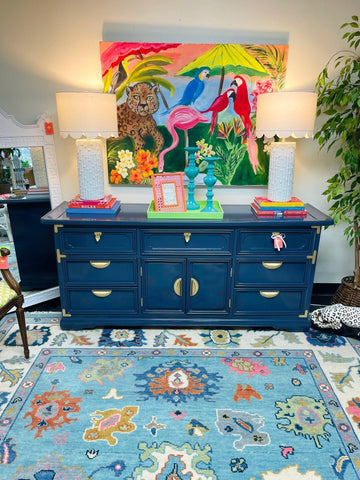 Vintage Bassett Chinoiserie Style Pagoda Top Credenza Lacquered in Naval Ready to Ship! - Hibiscus House