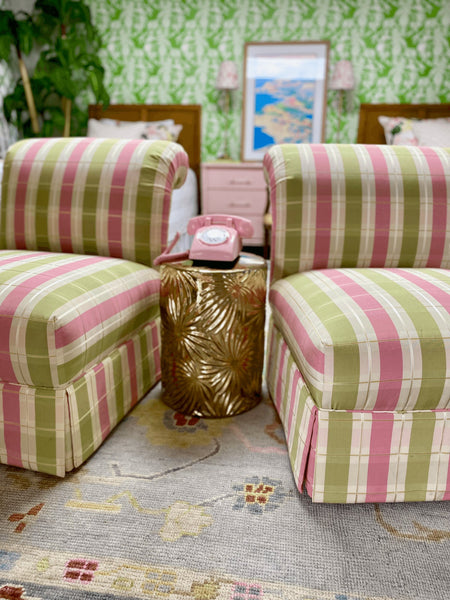 Vintage Pair of Pink and Green Plaid Slipper Chairs Ready to Ship - Hibiscus House