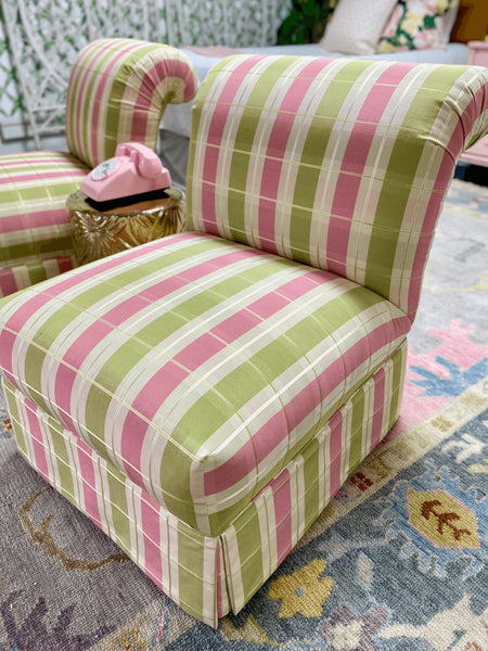 Vintage Pair of Pink and Green Plaid Slipper Chairs Ready to Ship - Hibiscus House