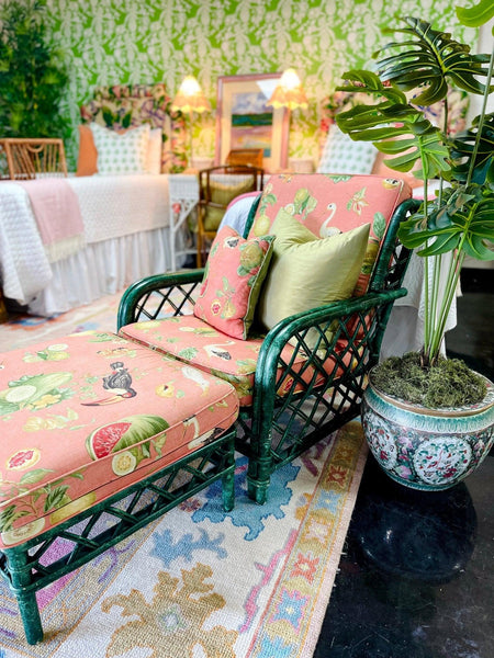 Vintage Chair and Ottoman With Toucan Upholstered Fabric Ready to Ship! - Hibiscus House