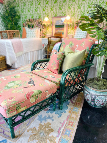 Vintage Chair and Ottoman With Toucan Upholstered Fabric Ready to Ship! - Hibiscus House