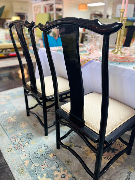 Vintage Set of Six Black Lacquered Chinoiserie Chairs with Pagoda Accented Backs Ready to Ship! - Hibiscus House