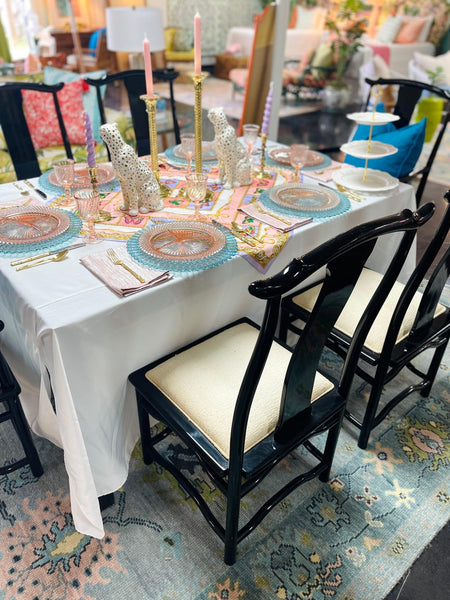 Vintage Set of Six Black Lacquered Chinoiserie Chairs with Pagoda Accented Backs Ready to Ship! - Hibiscus House