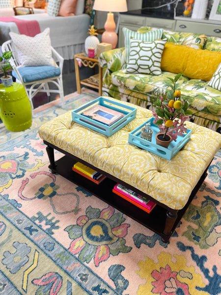 Vintage Bassett Furniture Yellow Tufted Ottoman Coffee Table Ready to Ship! - Hibiscus House