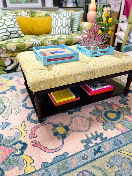 Vintage Bassett Furniture Yellow Tufted Ottoman Coffee Table Ready to Ship! - Hibiscus House