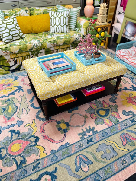 Vintage Bassett Furniture Yellow Tufted Ottoman Coffee Table Ready to Ship! - Hibiscus House