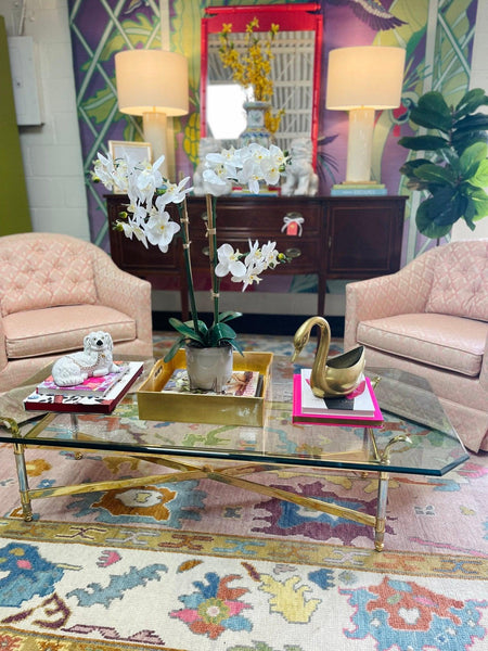 Hollywood Glam Rectangular Glass Coffee Table with Brass Accents Ready to Ship! - Hibiscus House