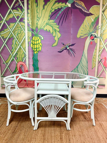 Vintage Rattan Honeymoon Table and Chairs Dining Set Lacquered & Ready to Ship! - Hibiscus House