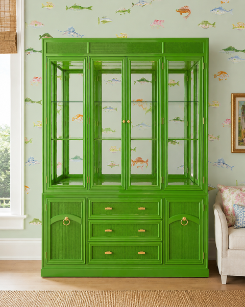 Vintage Bassett Bamboo & Cane Front Two Piece China Cabinet Available for Custom Lacquer! - Hibiscus House