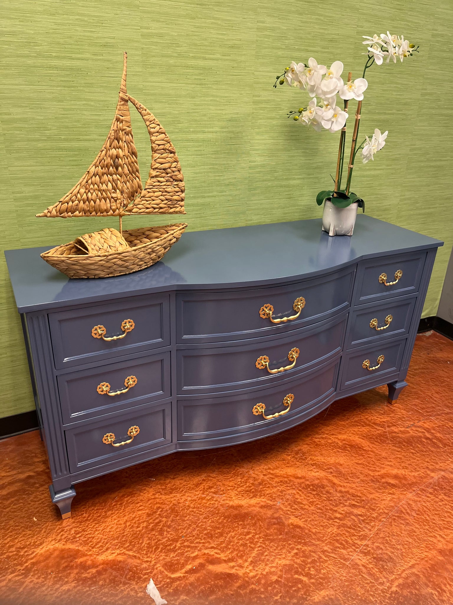 Vintage Bowfront Nine Drawer Dresser Lacquered in Kensington Blue Available & Ready To Ship! Hibiscus House Vintage Bowfront Nine Drawer Dresser Lacquered in Kensington Blue Available & Ready To Ship! Hibiscus House