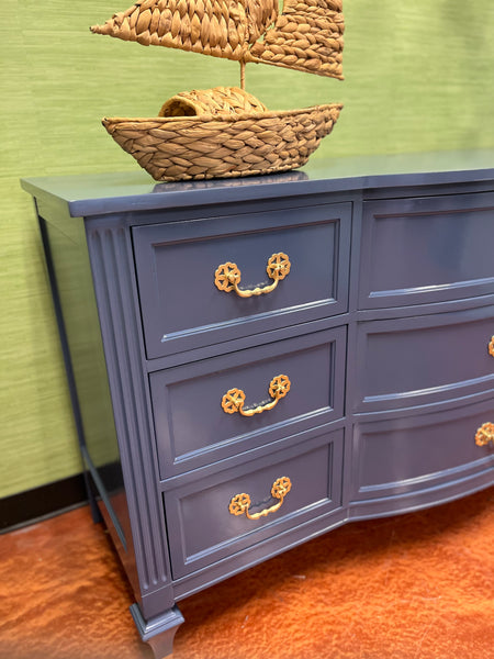 Vintage Bowfront Nine Drawer Dresser Lacquered in “Kensington Blue” Available & Ready To Ship!