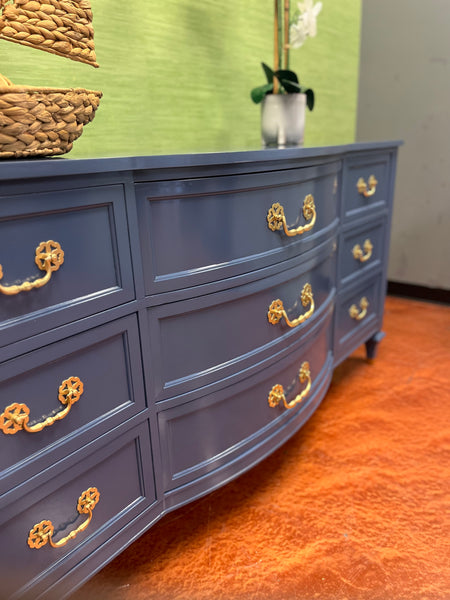 Vintage Bowfront Nine Drawer Dresser Lacquered in “Kensington Blue” Available & Ready To Ship!