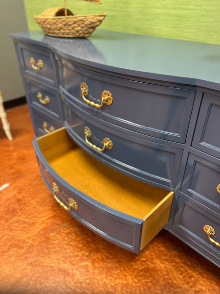 Vintage Bowfront Nine Drawer Dresser Lacquered in “Kensington Blue” Available & Ready To Ship!