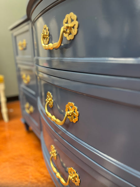 Vintage Bowfront Nine Drawer Dresser Lacquered in “Kensington Blue” Available & Ready To Ship!