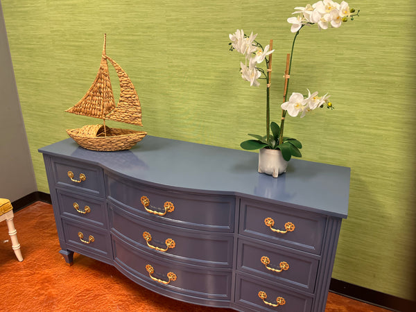 Vintage Bowfront Nine Drawer Dresser Lacquered in “Kensington Blue” Available & Ready To Ship!