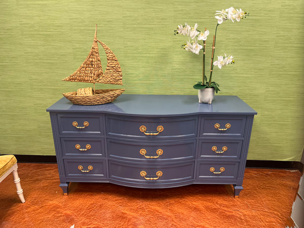 Vintage Bowfront Nine Drawer Dresser Lacquered in “Kensington Blue” Available & Ready To Ship!