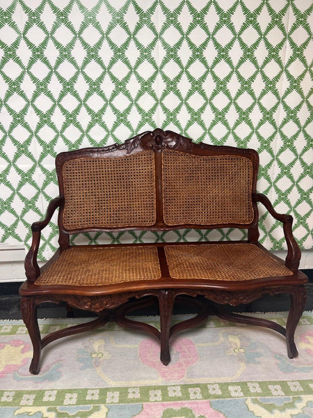 Louis XV Style French Provincial Carved Walnut & Cane Seat Settee Available and Ready to Ship - Hibiscus House