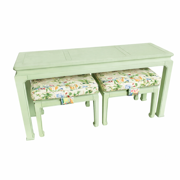 Vintage Henredon Console Table with Bench/ Ottoman Pair Available for Custom Lacquer! - Hibiscus House