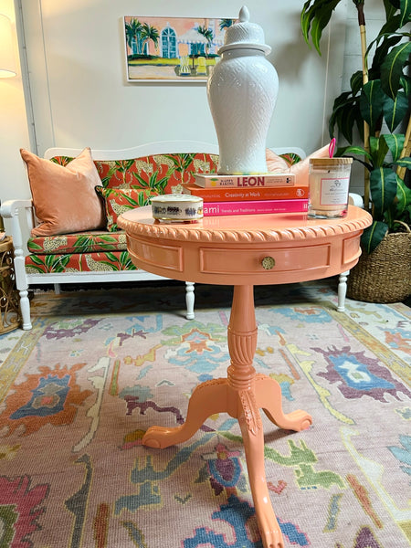 Mahogany Antique Drum Table Lacquered in Peachy Keen Ready to Ship!