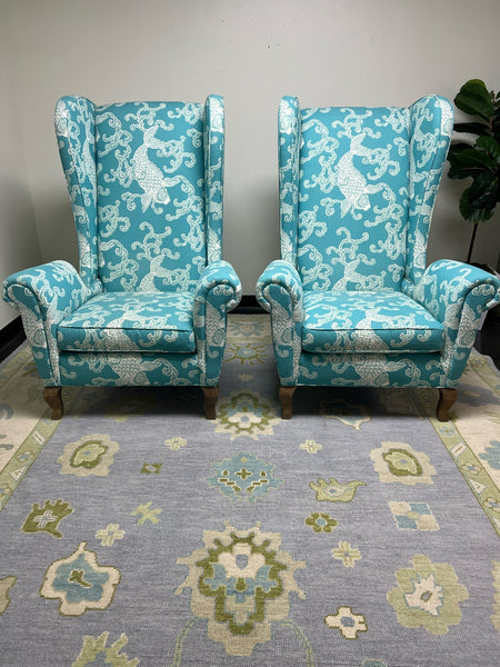 CR Laine Wingback Chair Pair Upholstered in Kravet Pisces Aegean Fabric Ready To Ship