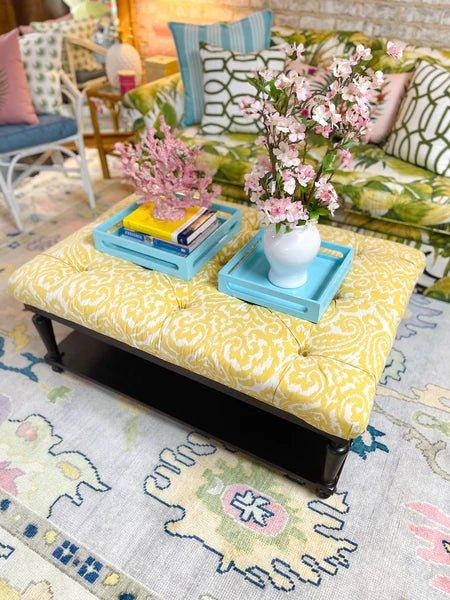 Vintage Bassett Furniture Yellow Tufted Ottoman Coffee Table Ready to Ship! - Hibiscus House