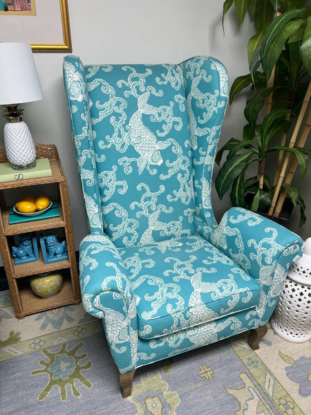 CR Laine Wingback Chair Pair Upholstered in Kravet Pisces Aegean Fabric Ready To Ship