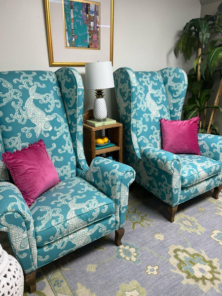 CR Laine Wingback Chair Pair Upholstered in Kravet Pisces Aegean Fabric Ready To Ship - Hibiscus House