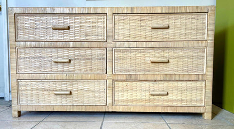 Vintage 1980's Rattan Woven Grass Cloth Six Drawer Dresser - Hibiscus House