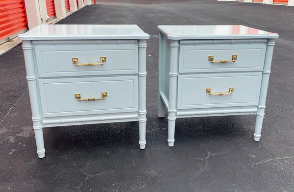 Vintage Pair of Classic Faux Bamboo Nightstands Lacquered in Yarmouth Blue Ready to Ship