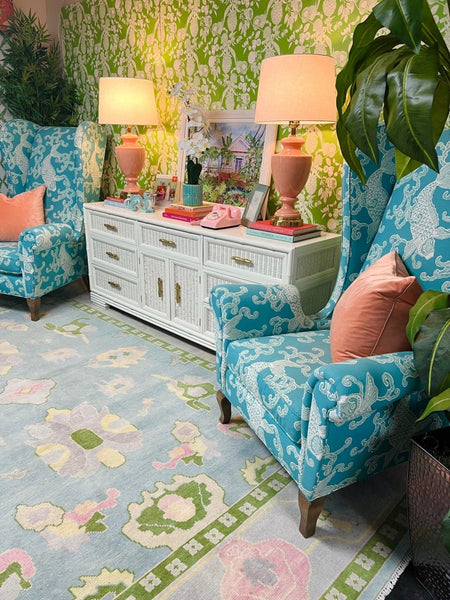 CR Laine Wingback Chair Pair Upholstered in Kravet Pisces Aegean Fabric Ready To Ship - Hibiscus House