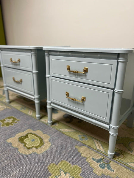 Vintage Pair of Classic Faux Bamboo Nightstands Lacquered in Yarmouth Blue Ready to Ship - Hibiscus House