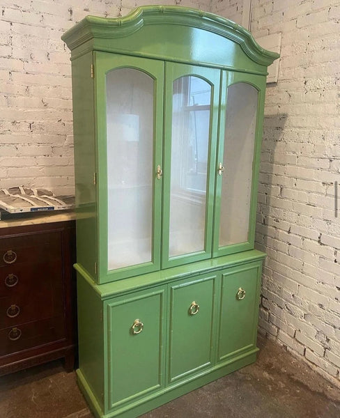 Vintage Bassett Bamboo & Cane Front Two Piece China Cabinet Available for Custom Lacquer!