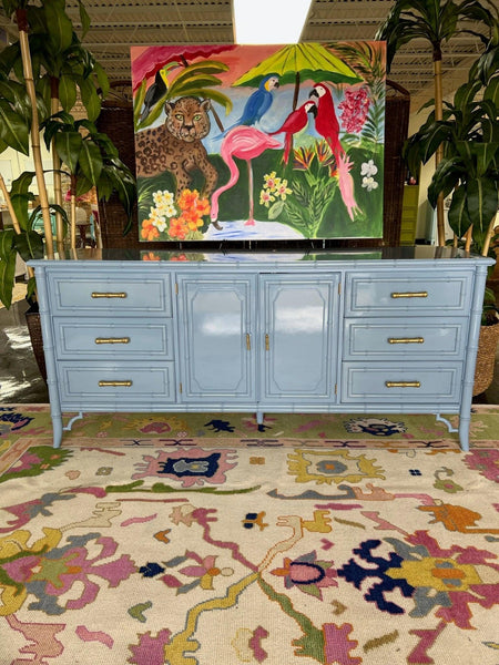 Vintage Dixie Furniture Company "Aloha" Collection Credenza Lacquered in Denim Wash and Ready to Ship! - Hibiscus House