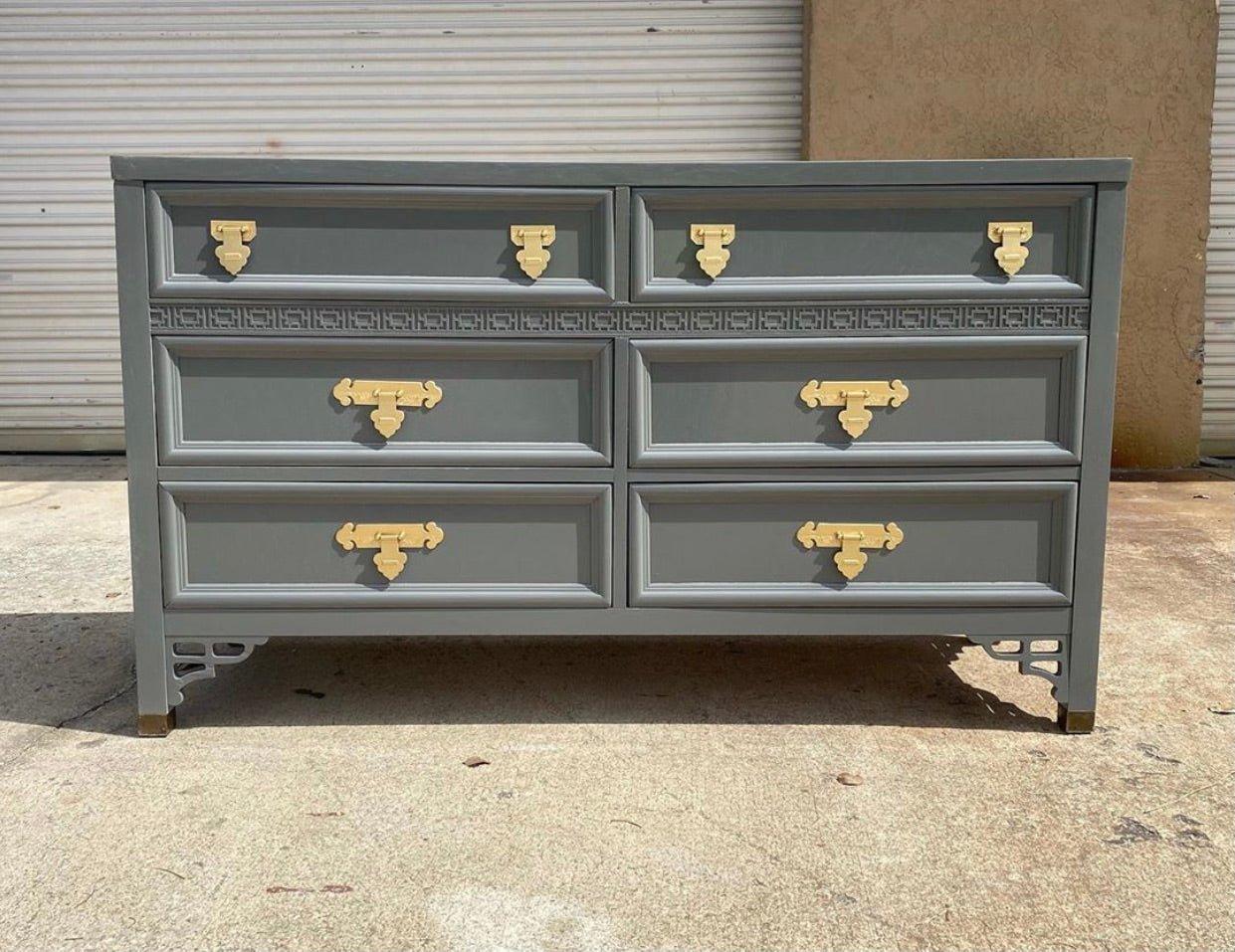 grey dresser gold hardware Vintage Dixie Shangrilah Collection Six Drawer Dresser – Hibiscus House