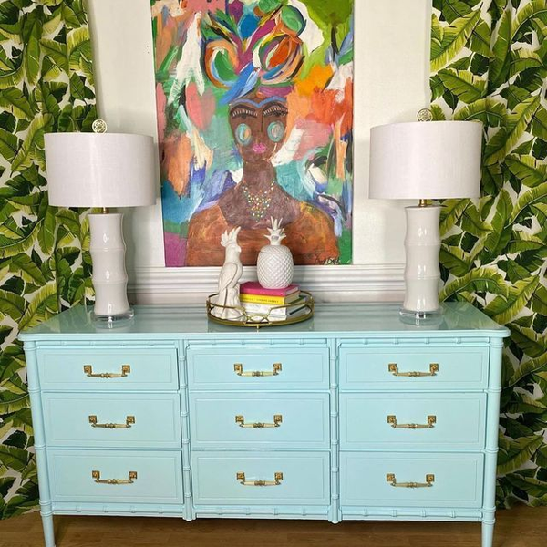 Classic Faux Bamboo Vintage Nine Drawer Dresser Available for Custom Lacquer!