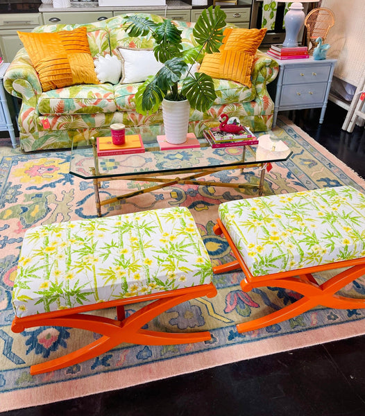 Vintage Pair of Century Furniture Bench/Ottoman Pair Lacquered in Electric Orange - Hibiscus House