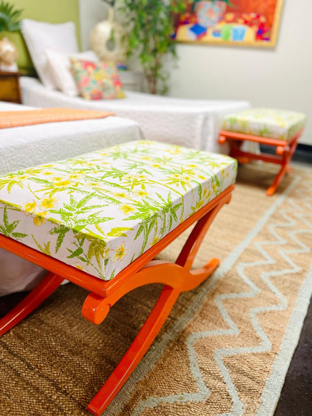 Vintage Pair of Century Furniture Bench/Ottoman Pair Lacquered in Electric Orange - Hibiscus House