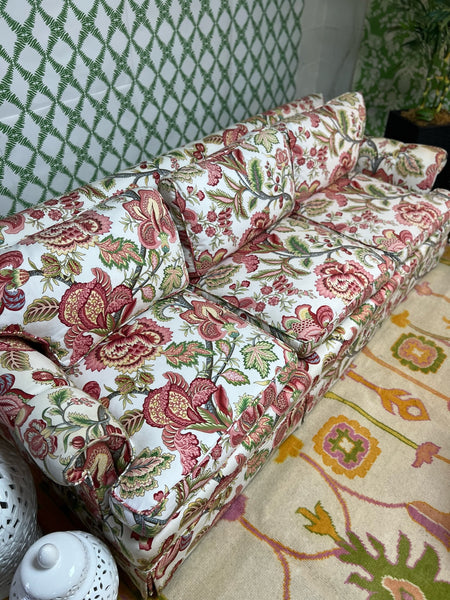 Pair of Vintage Baker Furniture Chinoiserie Sofas in Robert Allen Summerlin Geranium Fabric Ready to Ship!
