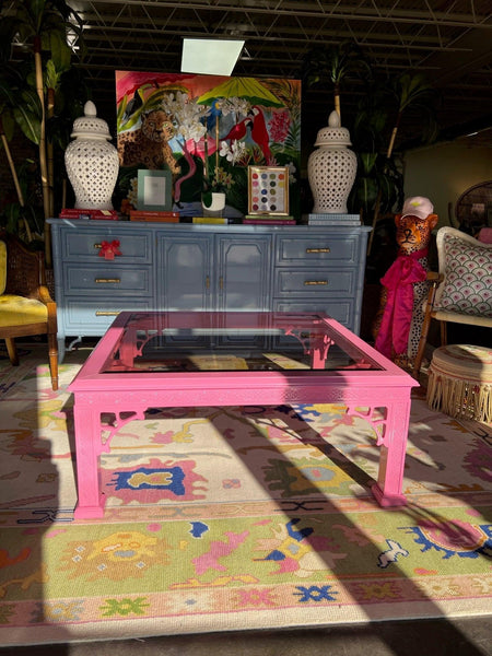 Vintage Chippendale Glass Top Coffee Table Lacquered in Pink Ladies Ready to Ship! - Hibiscus House