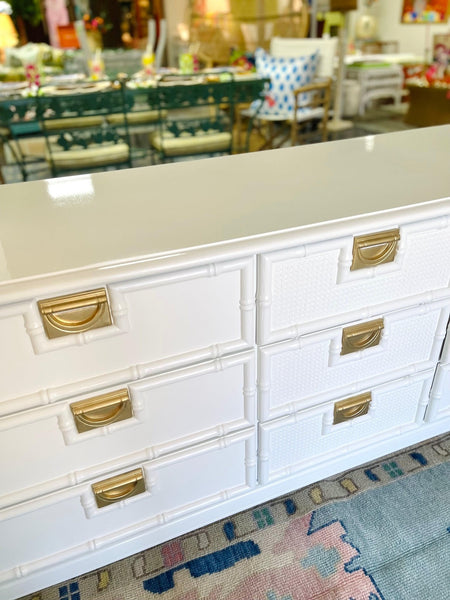 Vintage Nine Drawer Stanley Style Faux Bamboo Dresser Lacquered in Swiss Coffee - Hibiscus House