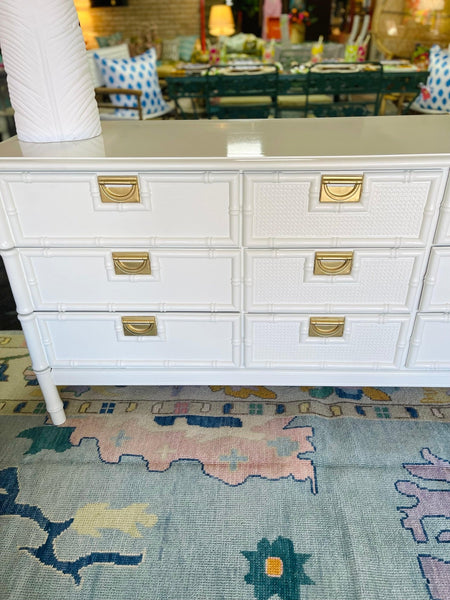 Vintage Nine Drawer Stanley Style Faux Bamboo Dresser Lacquered in Swiss Coffee - Hibiscus House