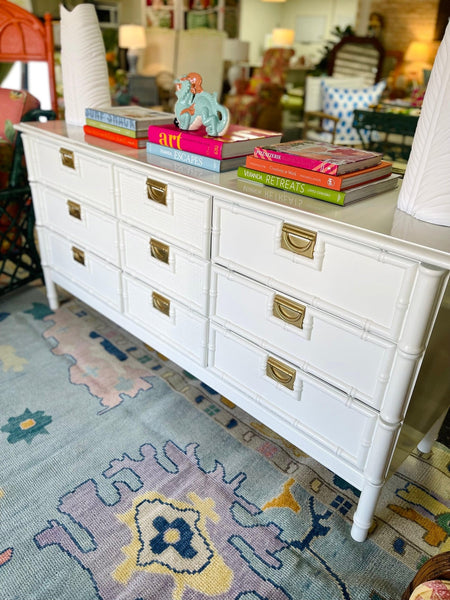 Vintage Nine Drawer Stanley Style Faux Bamboo Dresser Lacquered in Swiss Coffee - Hibiscus House