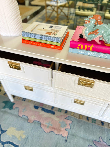 Vintage Nine Drawer Stanley Style Faux Bamboo Dresser Lacquered in Swiss Coffee - Hibiscus House