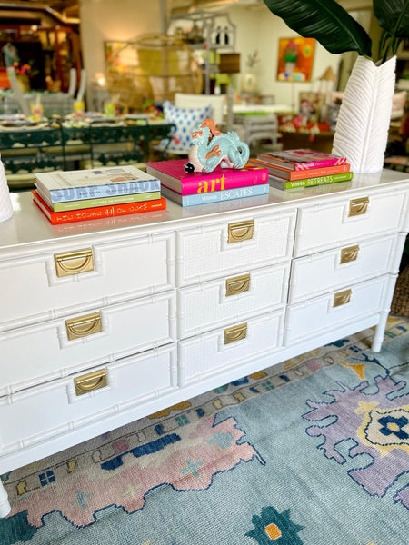 Vintage Nine Drawer Stanley Style Faux Bamboo Dresser Lacquered in Swiss Coffee - Hibiscus House