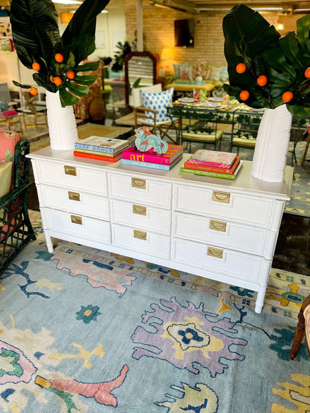 Vintage Nine Drawer Stanley Style Faux Bamboo Dresser Lacquered in Swiss Coffee - Hibiscus House