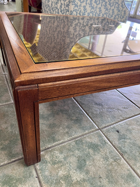 Vintage Caned Top Coffee Table with Inlaid Glass & Gold Trim Available for Custom Lacquer!