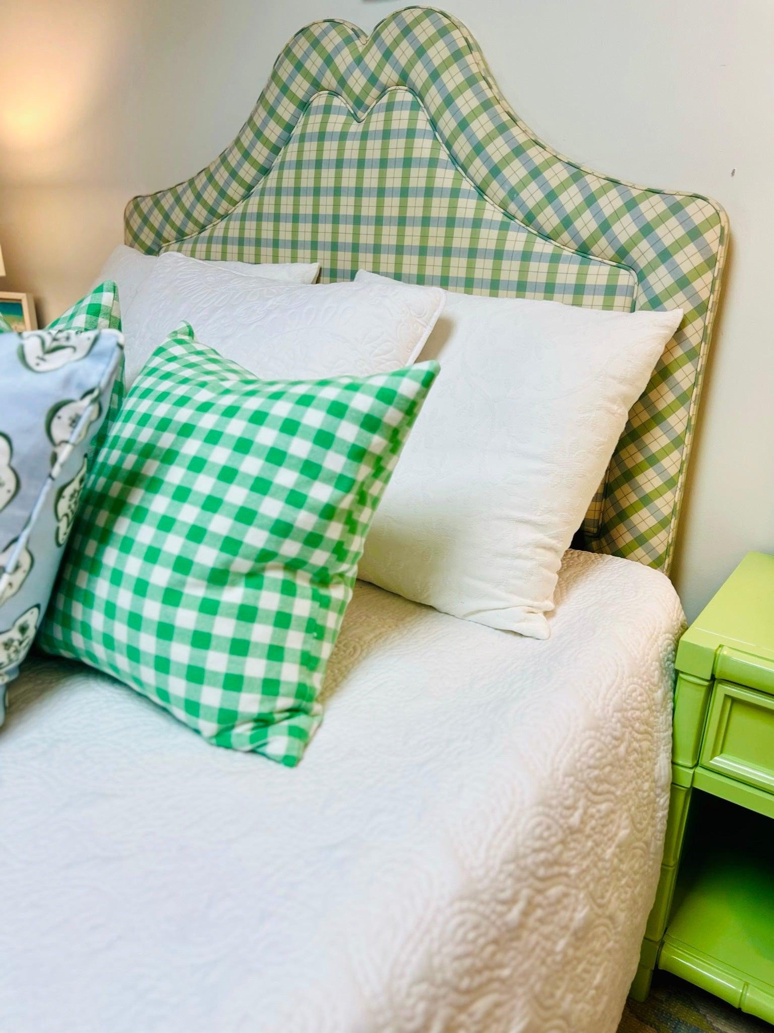 Adorable Custom Green and Blue Plaid Upholstered Full Headboard Available & Ready to Ship! - Hibiscus House